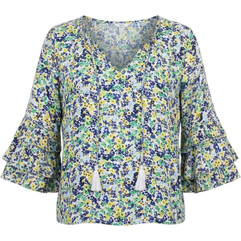 Crown & Ivy Curvy Floral V-Neck Blouse Tassel Tiered Bell Sleeve Blue Yellow 2X